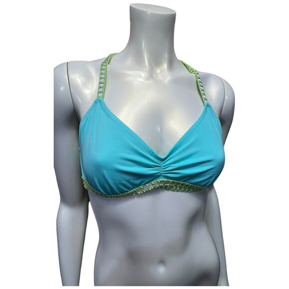Victoria's Secret Teal Bikini Top Large Crochet Trim Racerback Turquoise Y-Back - Picture 1 of 11